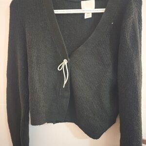 H&M Black V-Neck Sweater with Tie Accent